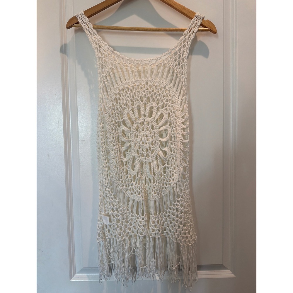 India Boutique White Crochet Fringe Swim Cover Up Dress One Size Boho Beach